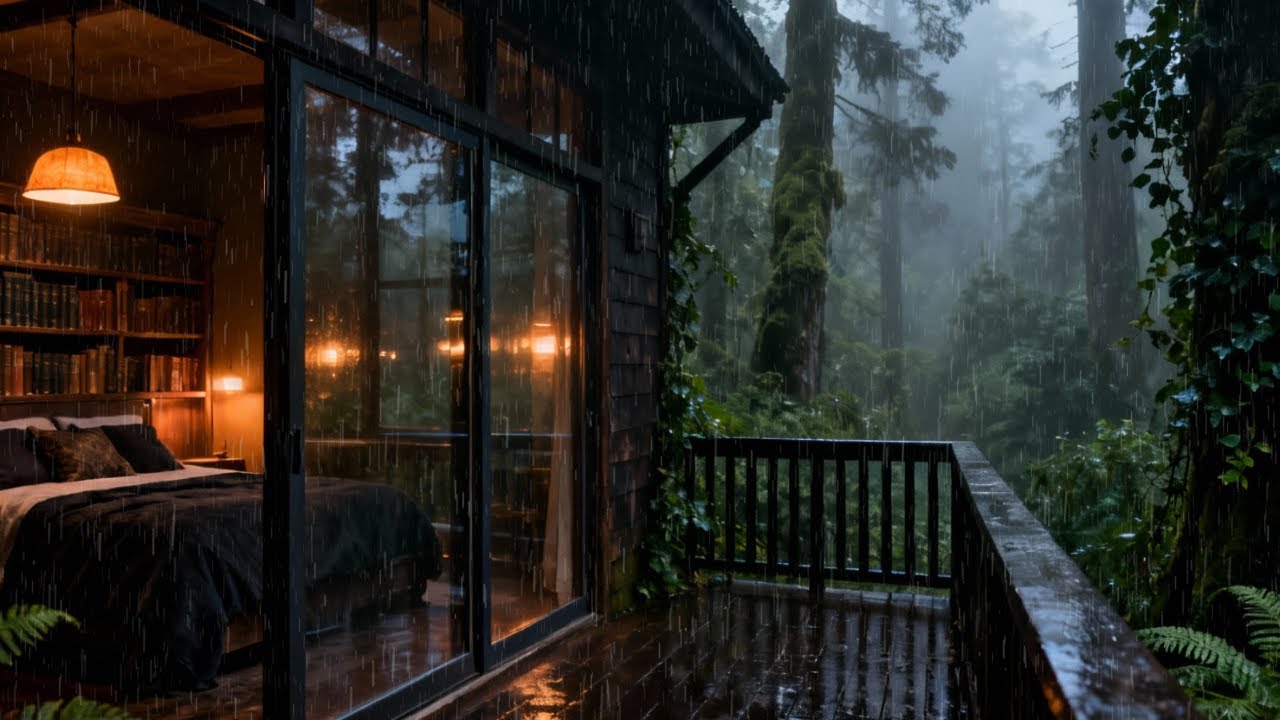 Rain Sounds for Sleeping - ASMR Heavy Night Rain On Cabin Forest for Anxiety Relief & Rest