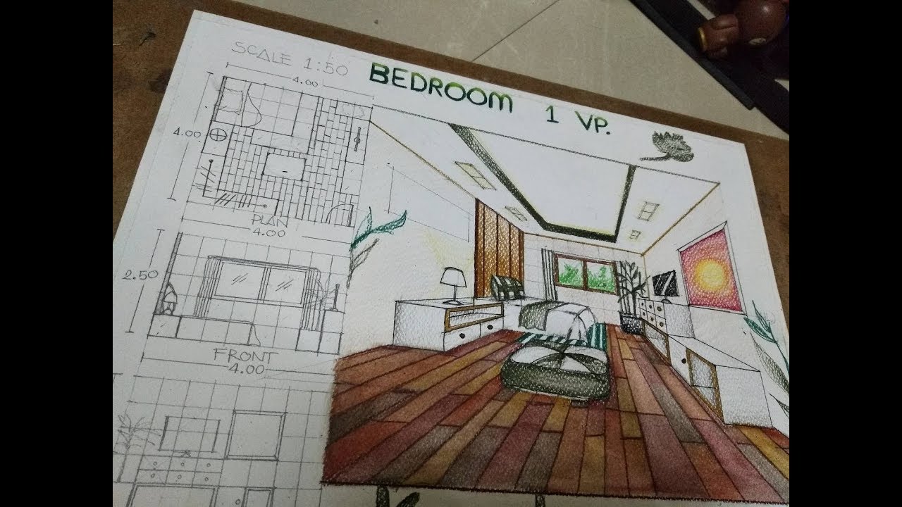 การเขียนทัศนียภาพ 1 จุด ห้องนอน แบบเข้าสเกล