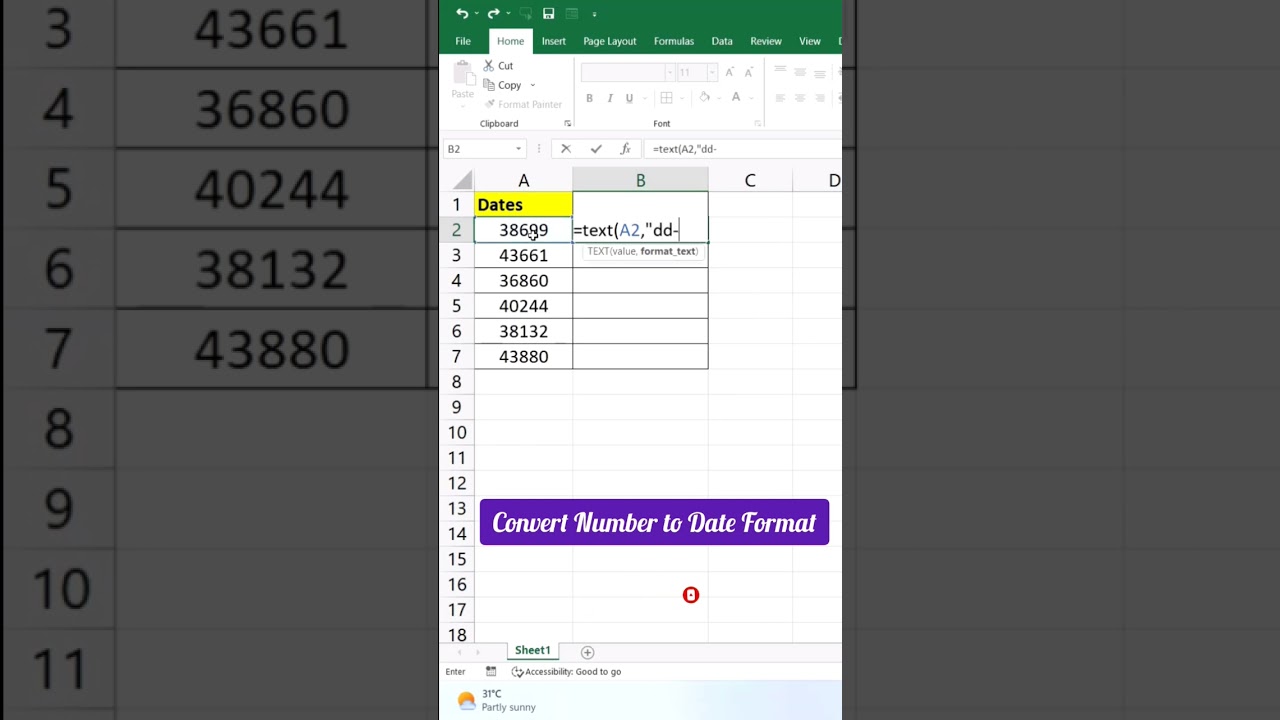 Convert Number to Date Format using Text Function #shorts