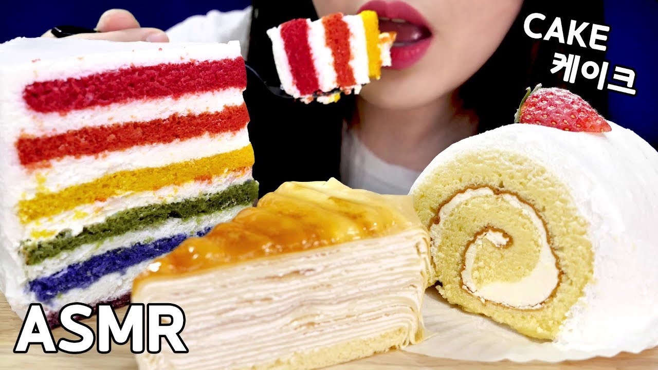 ASMR Rainbow Whipped Cream Crepe Cake 레인보우 생크림 크레이프 롤 케이크 리얼사운드 먹방 SOFT EATING SOUNDS NO TALKING