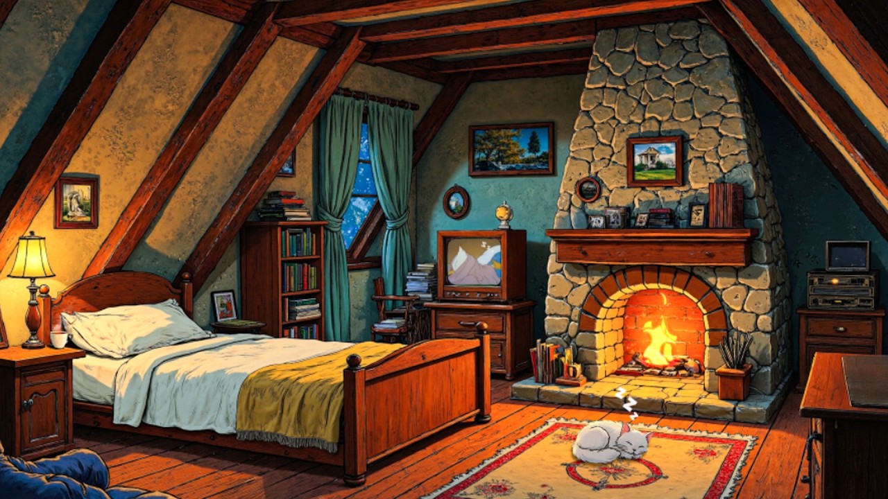 classic jazz from the 1940s glowing gently beside the fireplace at night