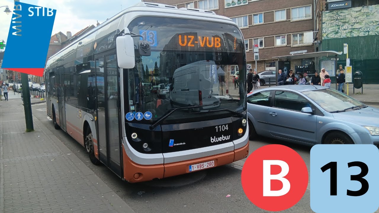 (Bus Stib) Voyage ligne 13 Etangs Noirs à UZ Brussel Bolloré Bluebus SE n°1104.