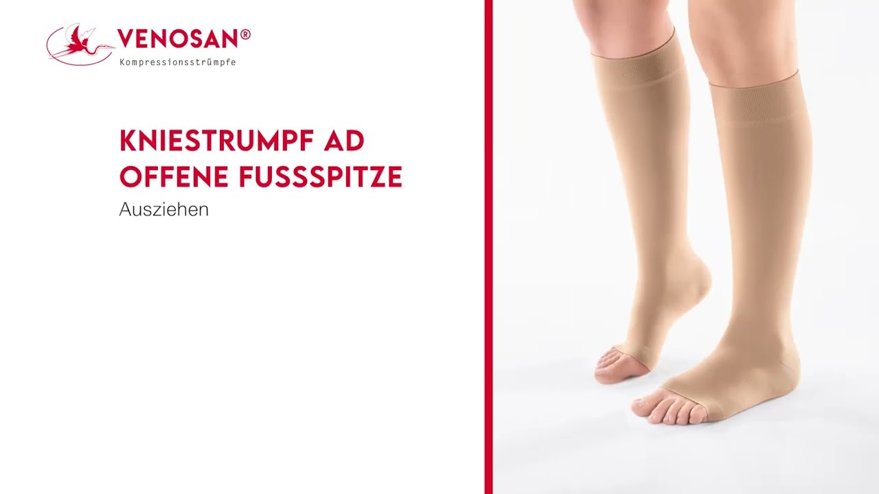 An- und Ausziehanleitung für VENOSAN Kompressionskniestrümpfe / offene Fußspitze; AD (DE)