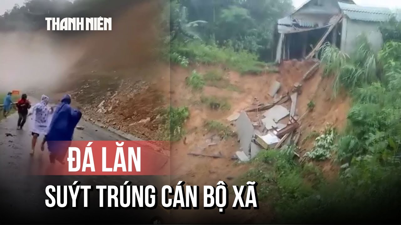 Thót tim khoảnh khắc cán bộ xã suýt bị đá rơi trúng khi đi kiểm tra sạt lở