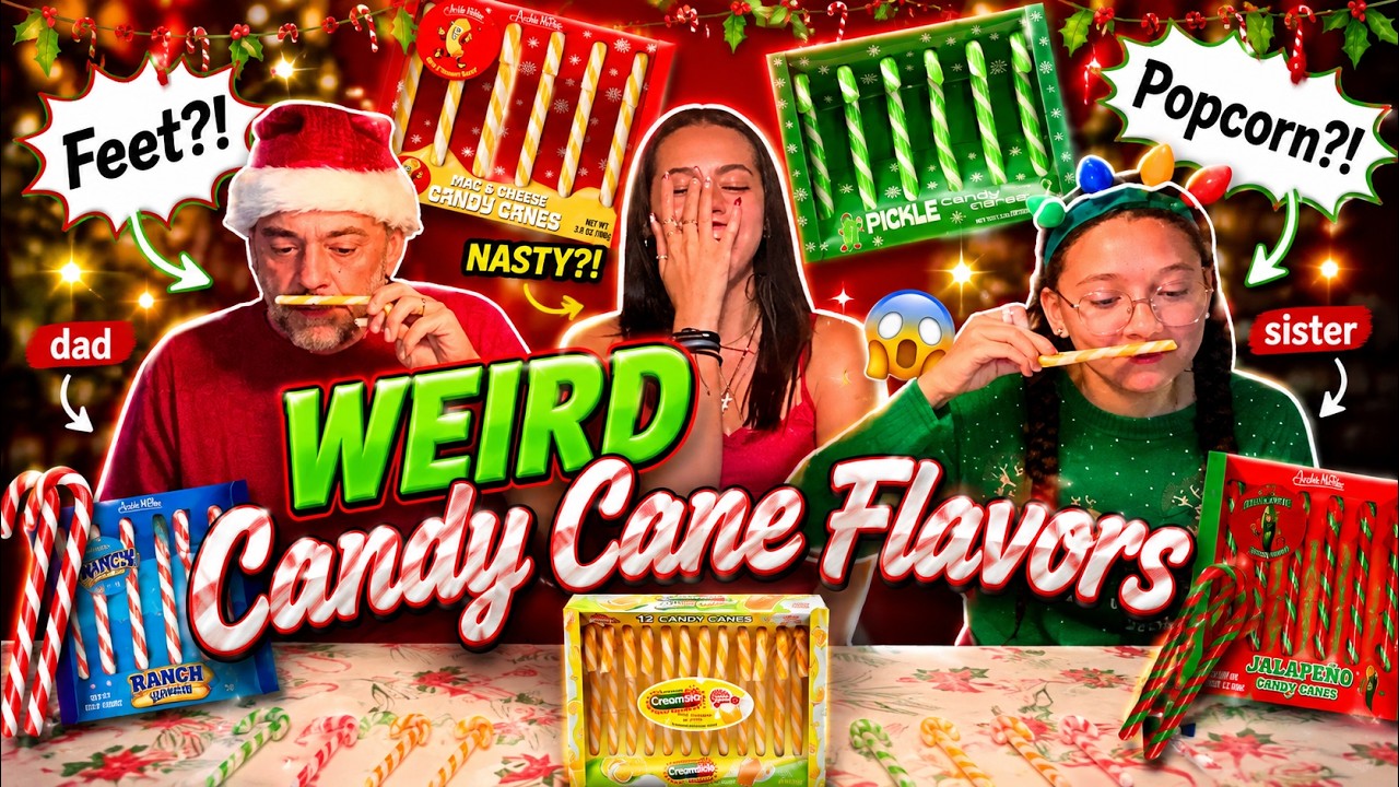 Пробуем СТРАННЫЕ вкусы леденцов-тростей с папой и сестрой 🎄😂 | Хейли У.К.