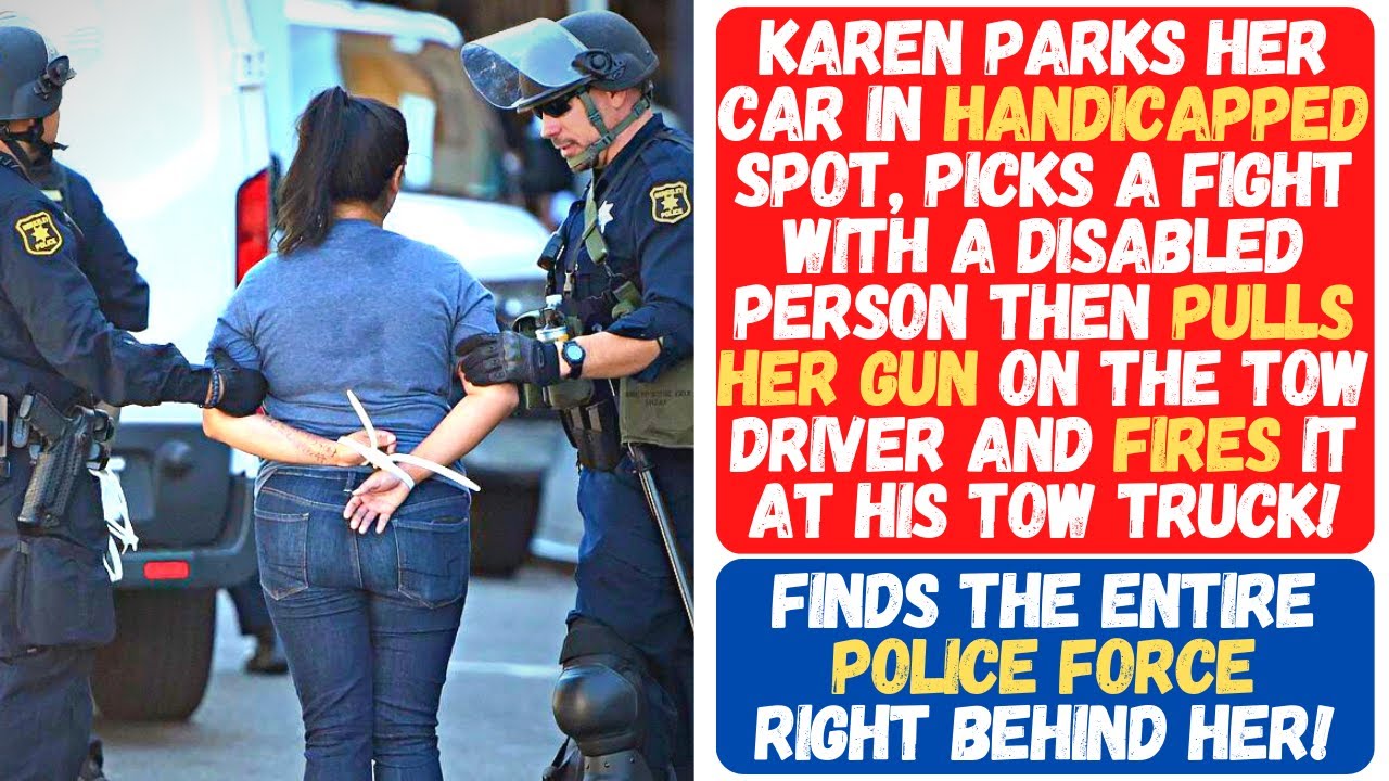 KAREN FIRES HER GUN AT A TOW TRUCK DRIVER THAT CAME TO TOW HER CAR FOR PARKING IN A HANDICAPPED SPOT