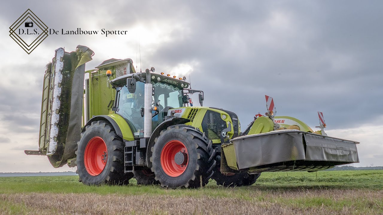 Mowing grass l Claas Arion 650 + Claas Triples