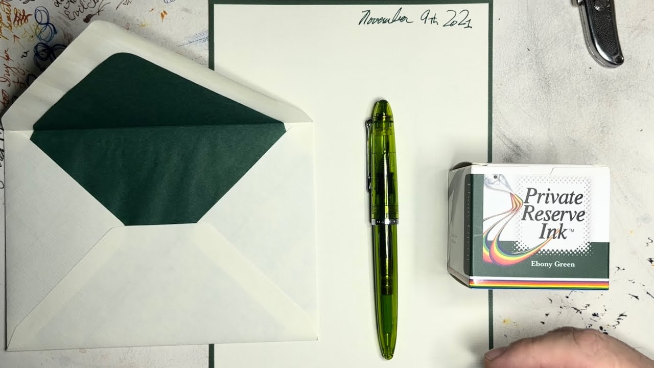 A Sailor Compass with Ebony Green ink from Private Reserve Ink go onto Original Crown Mill paper.