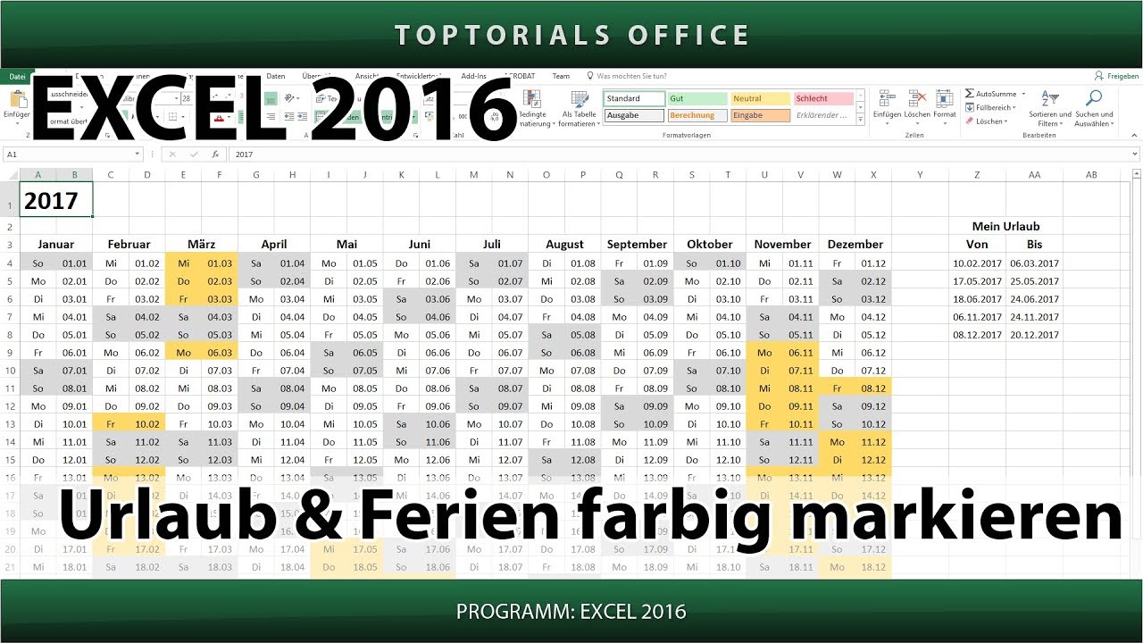 Urlaub und Ferien im Kalender farbig markieren (Excel)