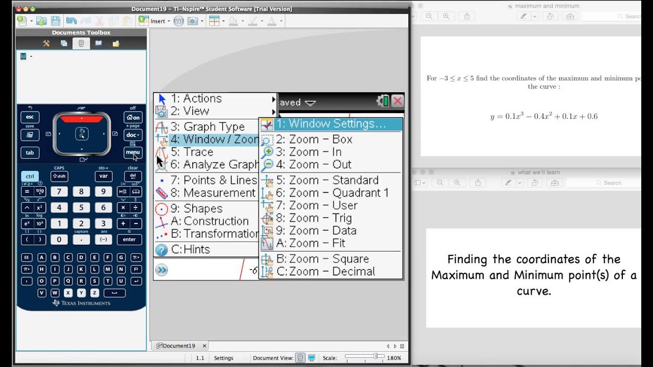Finding the Maximum and Minimum Points on a Curve TI NSpire CX