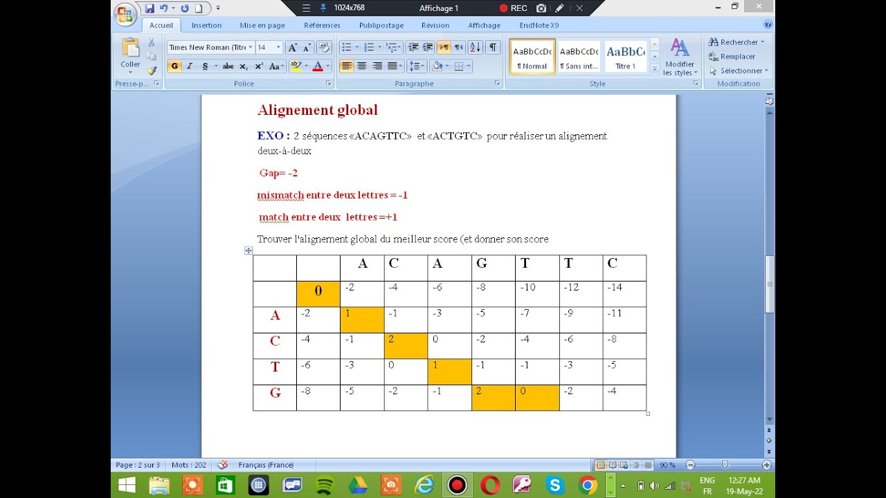 exo 1/2:  TD bioinformatique les Alignement global  pour L3 . M1  ....