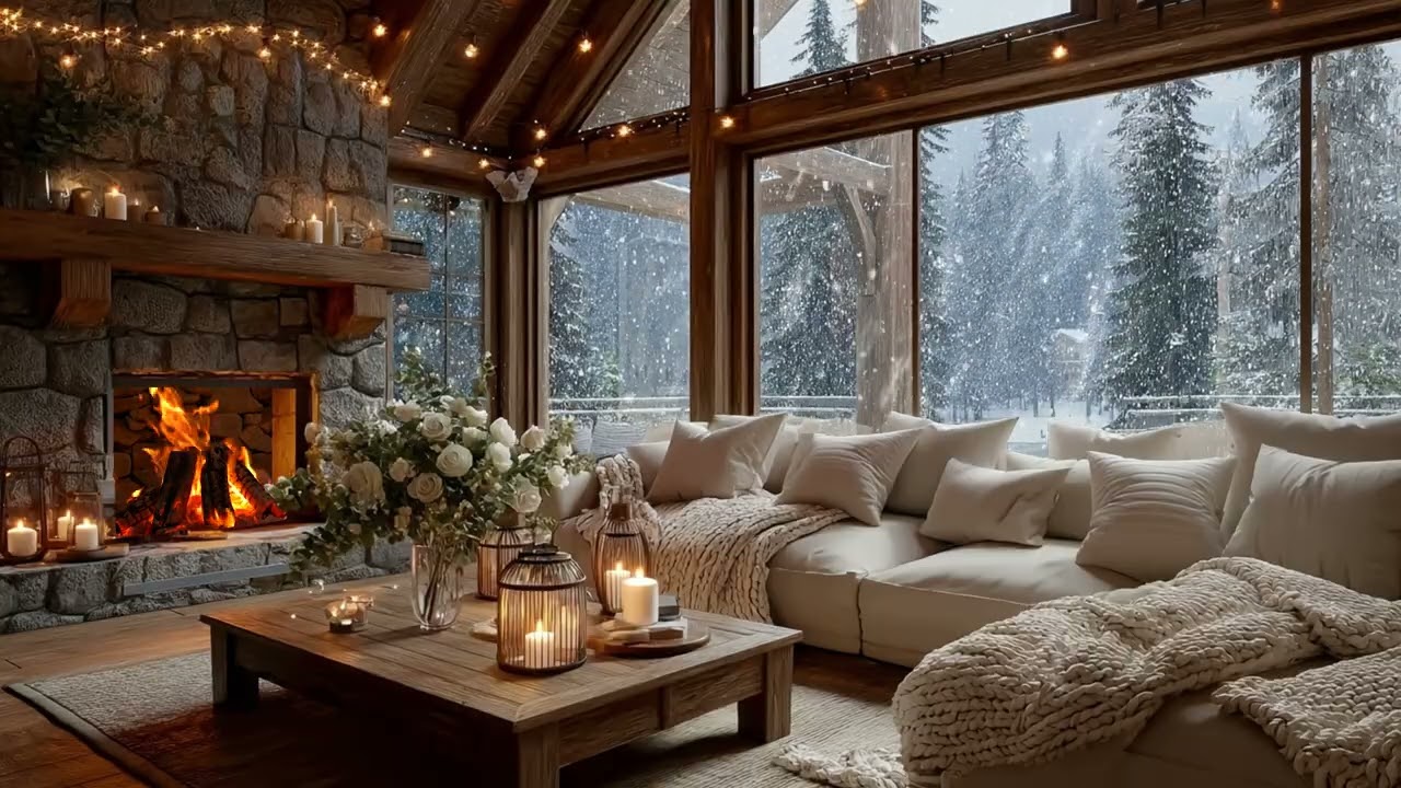 Cozy Winter Cabin Living Room with Soft Snowfall and Warm Fireplace for Deep Rest