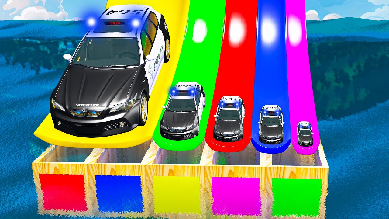 Giant & Small Police Car vs Portal Trap with Slide Colors – Cars vs Trains – BeamNG.Drive