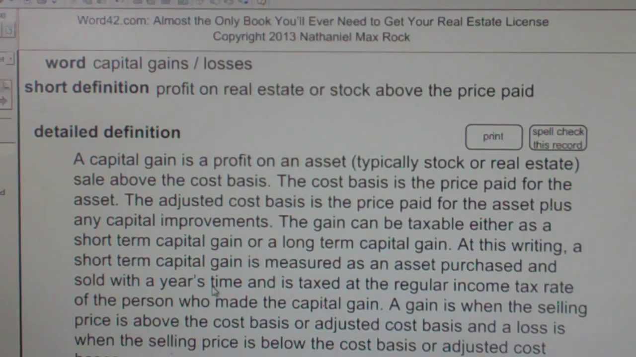 capital gains / capital losses Real Estate License Exam Study Guide AgentExamPass.com