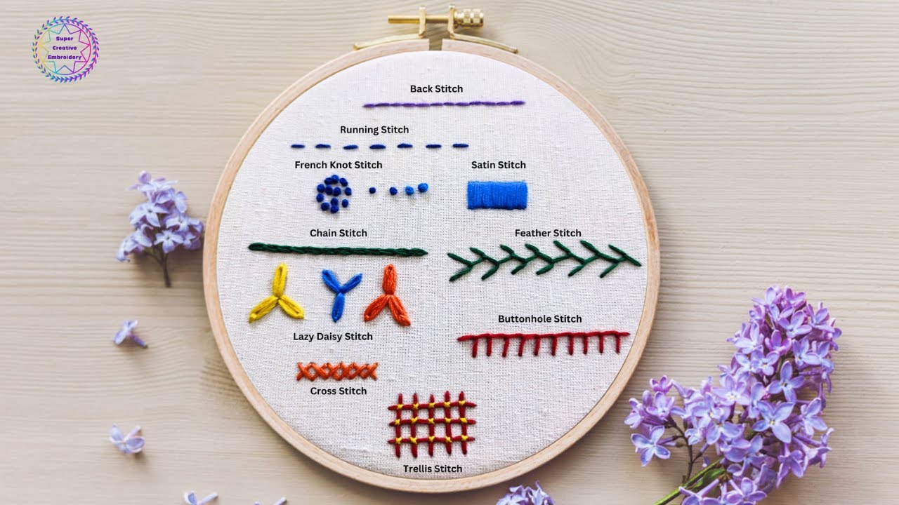 10 Hand Embroidery Basic Stitches for Beginners/Embroidery Tutorial/Super Creative Embroidery Basics
