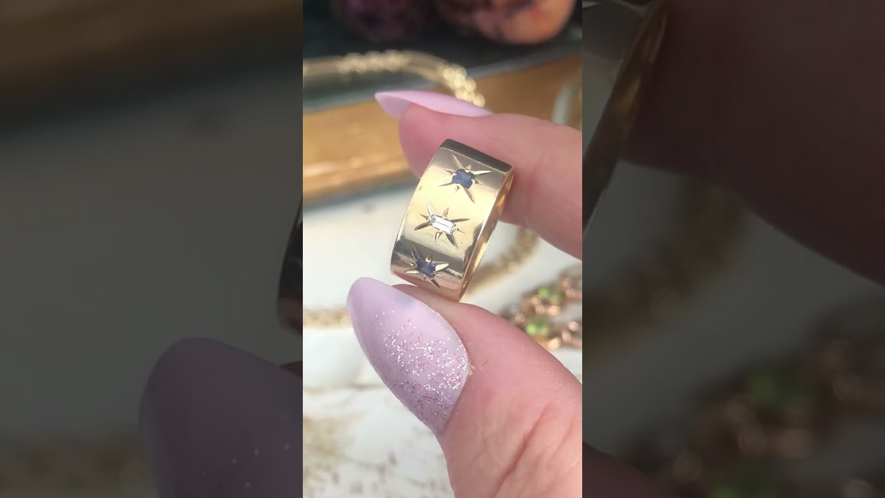 Vintage Wide Cigar Band Diamond Sapphire Ring