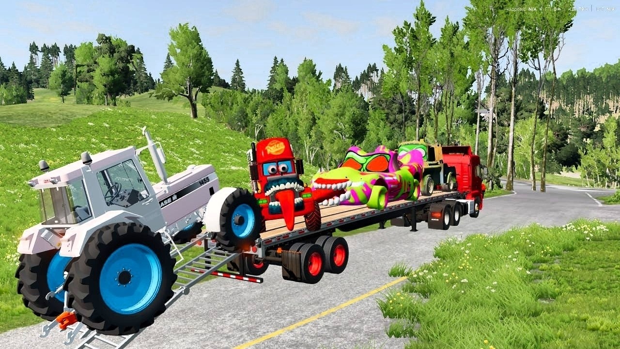 TRANSPORTING PIXAR CARS & FRUITS WITH COLORED & JOHN DEERE vs CLAAS vs TRACTORS - BeamNG.drive
