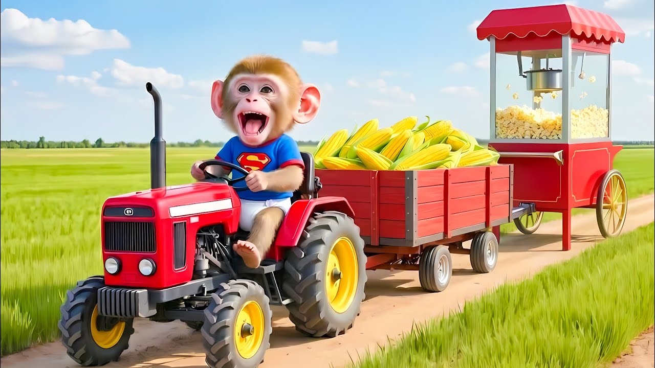 Monkey Driving Red Tractor Harvesting Corn and Making Popcorn! - Monkey Farm Work