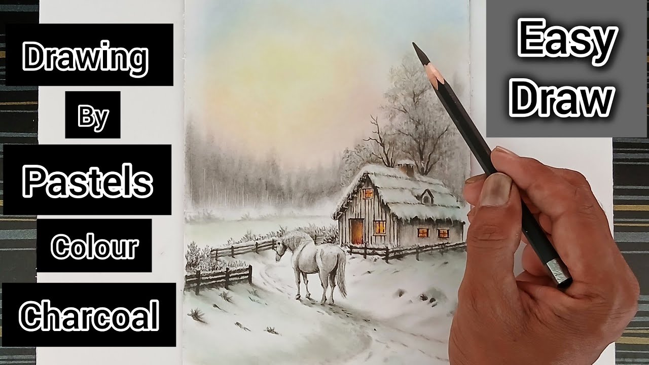 How to draw a winter landscape drawing with a snowy house and a horse by pencil and pastels colour?