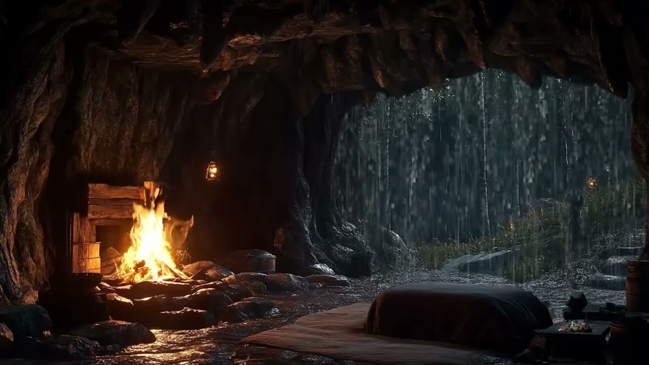 Heavy Rain Outside a Forest Cave with Soft Fireplace | Sounds for Sleep Relax and Study