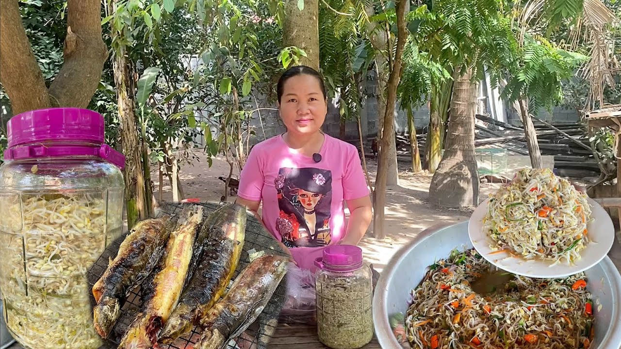 Rural Food| Pickle Bean Sprouts & Grilled Fish Family Cooking 🌿🔥