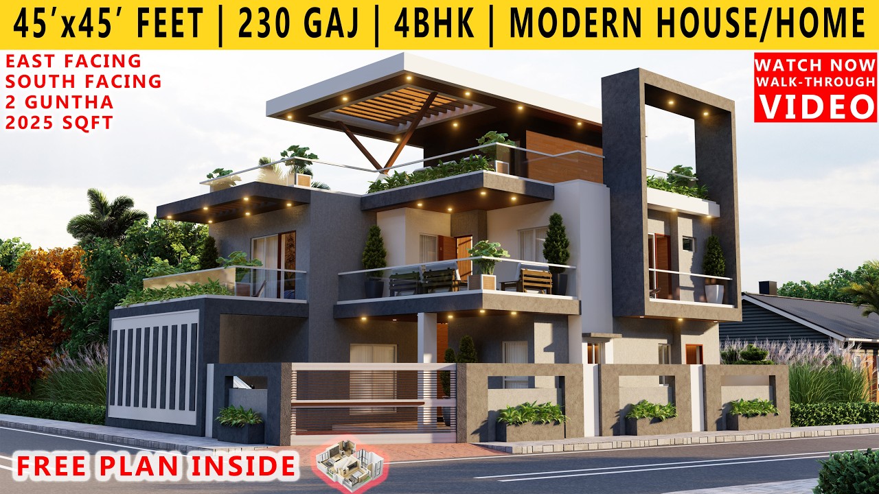 45x45 House Plan | 4BHK | 2 Guntha | 230 Gaj House Design | 2025sqft | Duplex House 3DVideo Interior