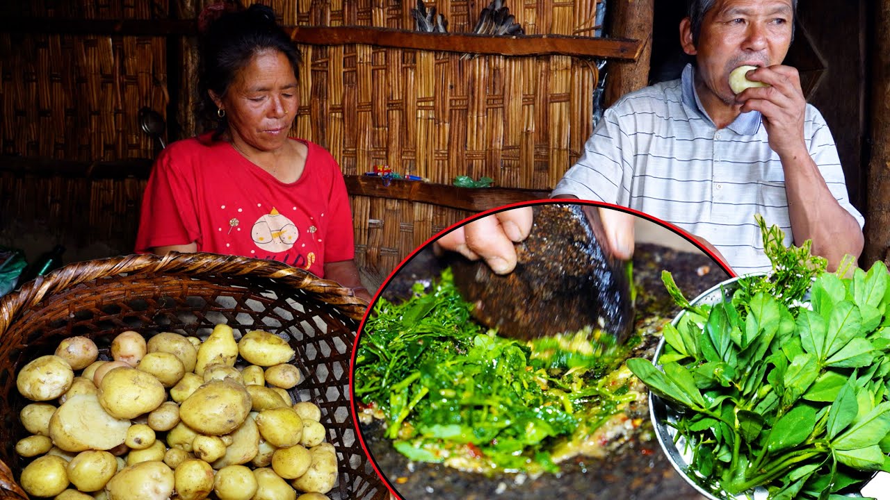 steam potato with green pickle || family in the jungle @junglefamilycooking