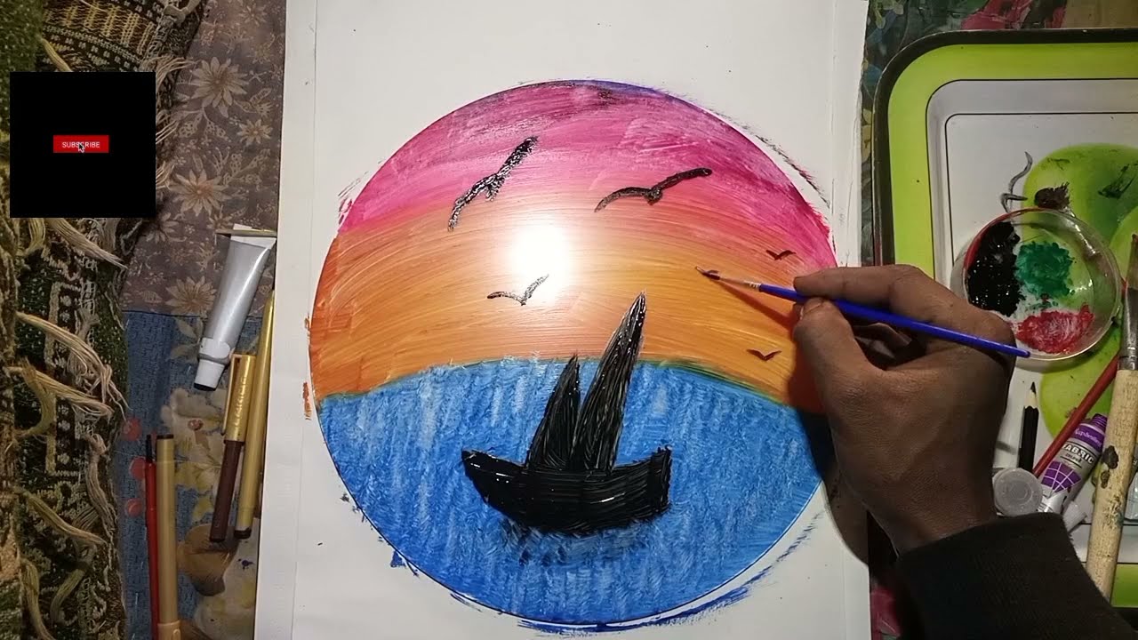 A crylic painting of moonlight sky with a lonely ship | how to paint A crylic painting