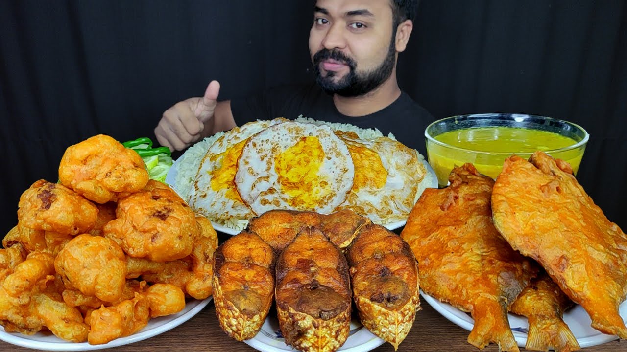 POMFRET FRY, HILSA FISH FRY, GOBI PAKORA, FRIED EGGS, RICE, DAL, SALAD MUKBANG ASMR EATING SHOW ||