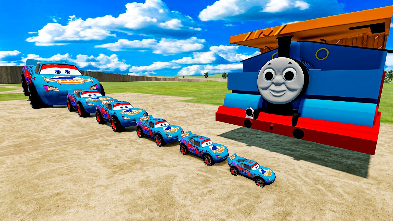 Big McQueen and Little Blue McQueen vs. deadly obstacles and a train in BeamNG.drive