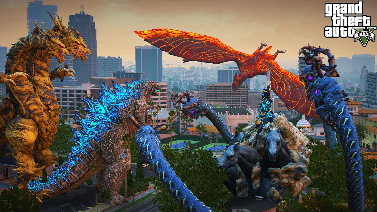Godzilla And kaiser king Ghidorah vs Poseidon And Rodan Epic Fight - GTA V Mods