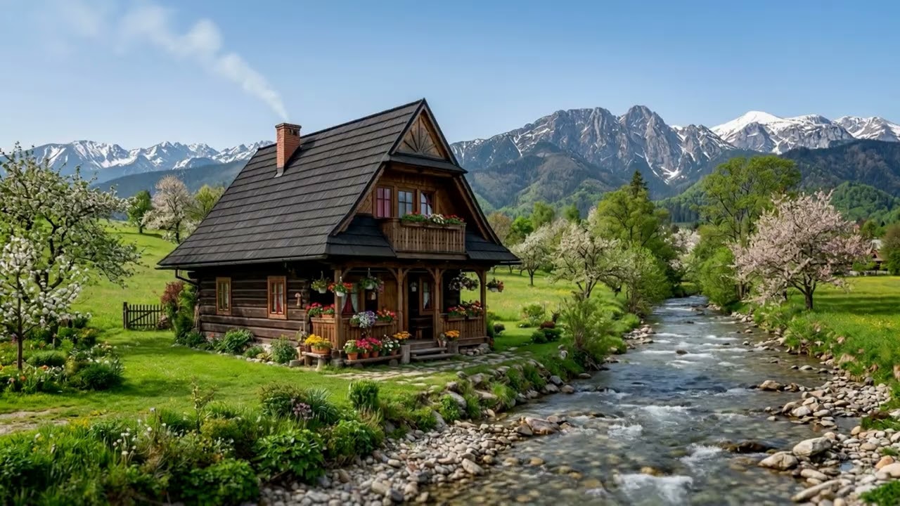 Dreamy Cozy Cabin | Golden Riverside, Blooming Trees & Serene Mountain Backdrop