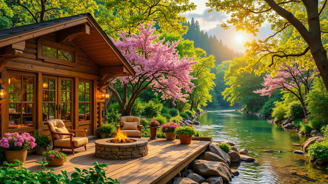 Relaxing Piano Morning Riverside Forest Cabin 🌿🌲 Cozy Firepit Crackles, Gentle Nature in the Spring
