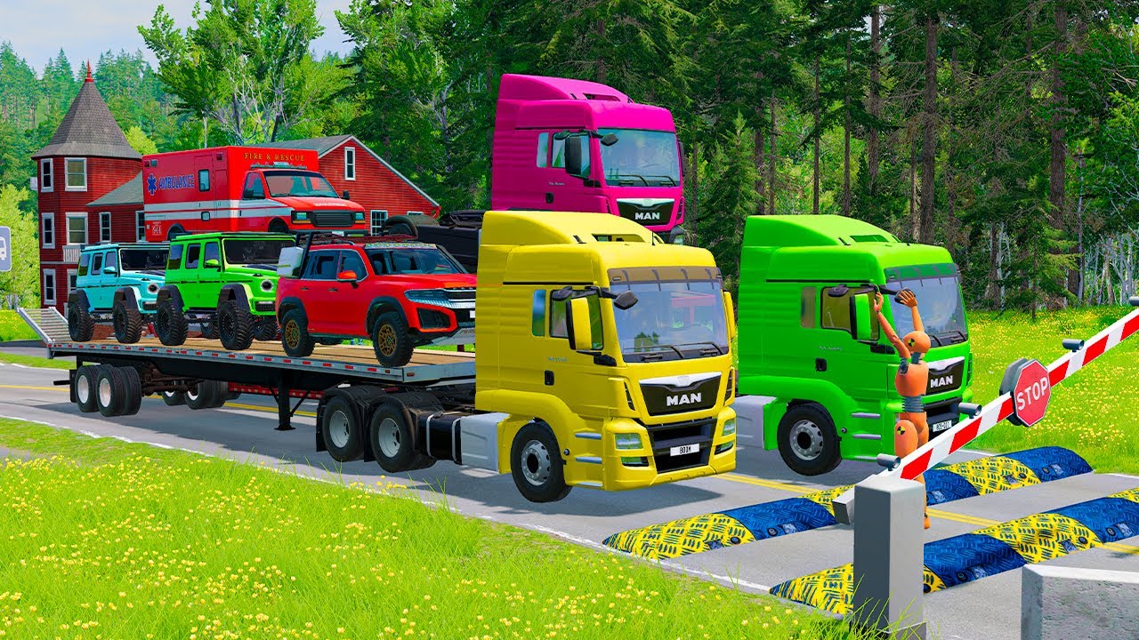 Flatbed Trailer Truck Rescue Tractor Truck - Cars vs Deep Lava - Cars vs Deep Water - BeamNG