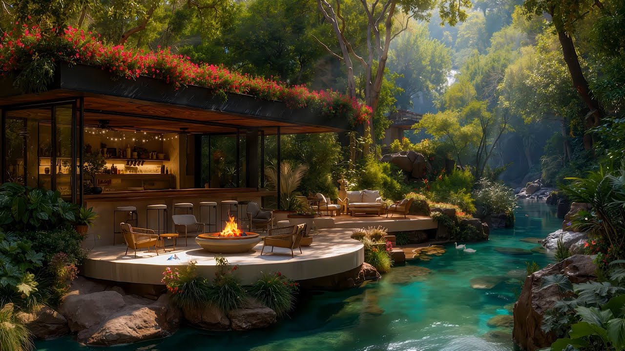 Spring Coffee Shop Jazz by the Riverside Forest 🍃 Gentle Outdoor Jazz for Relaxation