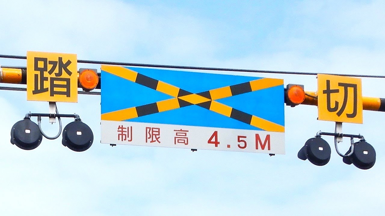 【踏切】JR東海道本線　大きな警標と後ろ向きの警報灯がある門型踏切 (Railroad crossing in Japan)