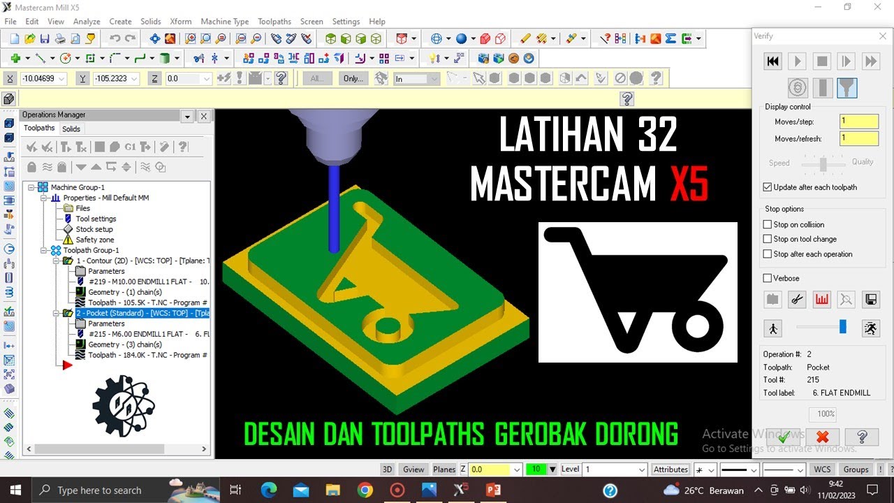 Latihan 32 MasterCam X5 | Materi Belajar CNC | Membuat Toolpath Gerobak Dorong