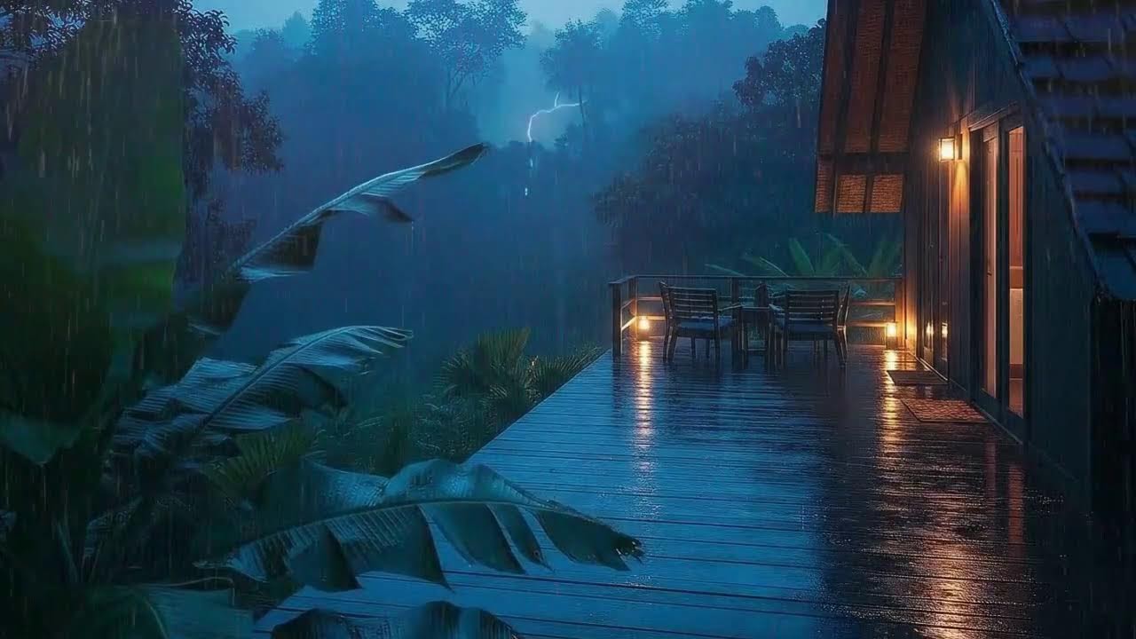 Deep Sleep Tonight with Gentle Rain Sounds and Rolling Thunder at Wooden Cabin Terrace 🌧️