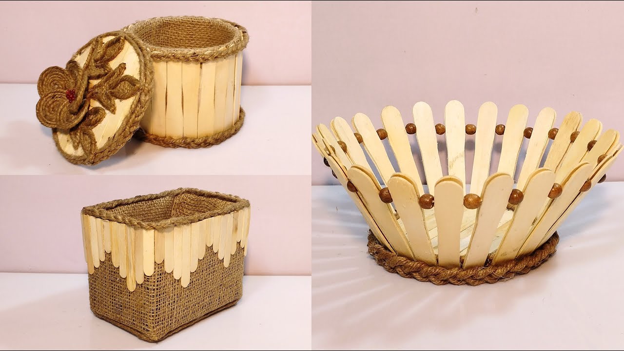3 Ideas💡 of Basket with wooden sticks | Diy Rope Basket | Cardboard craft idea | Hamna Nadeem