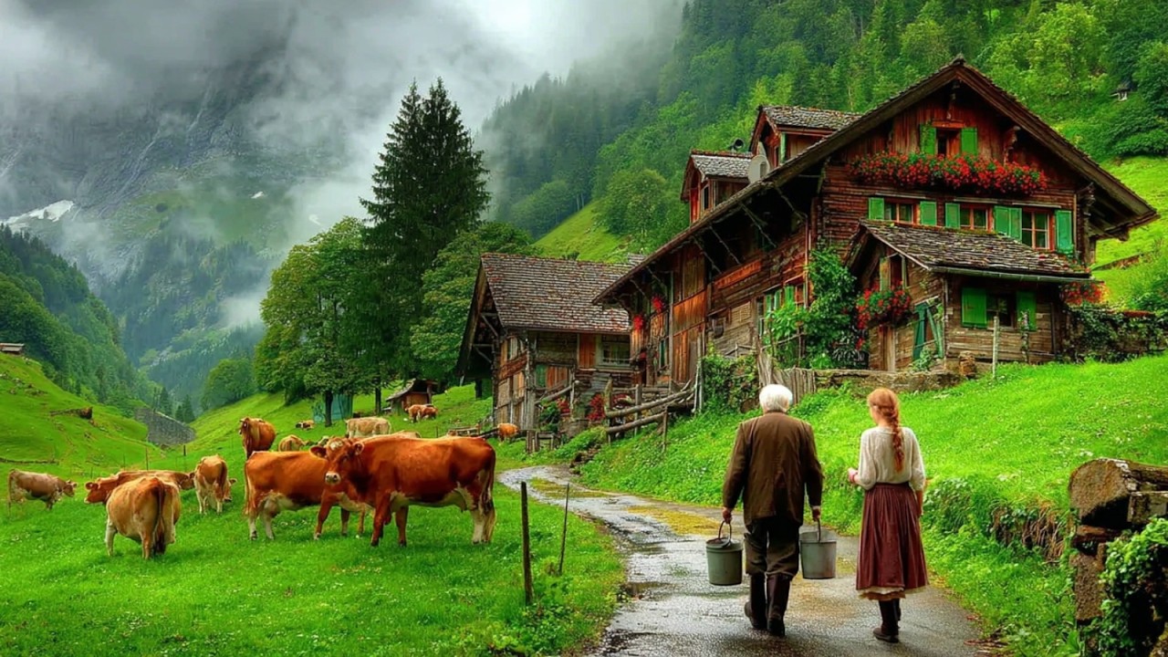 Rainy Life in Switzerland Deep Countryside: Just Cows, Rain, and Peace. Swiss ISOLATED VILLAGES