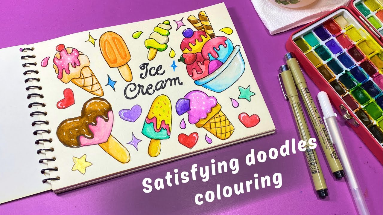 Satisfying Color Ice Cream Doodles 🎨🍦 | Relaxing Drawing Art  | using watercolors