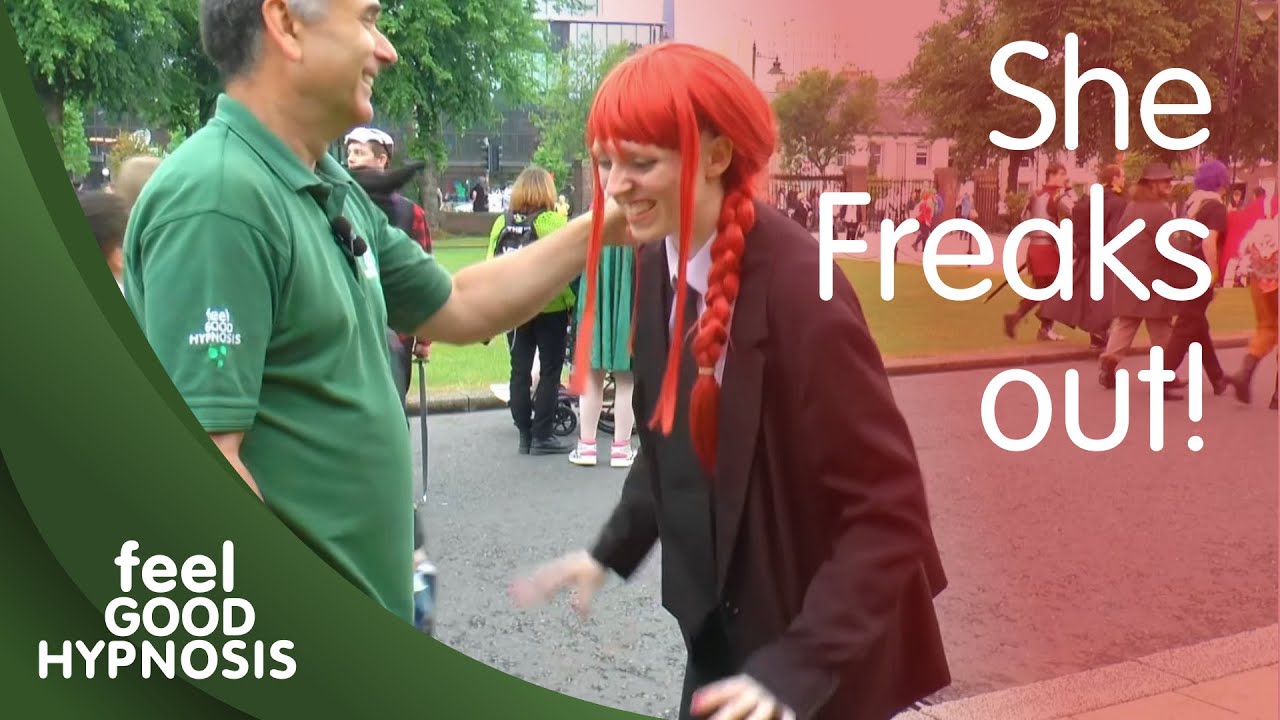 Girl gets hypnotised in street hypnosis and freaks out at first skit