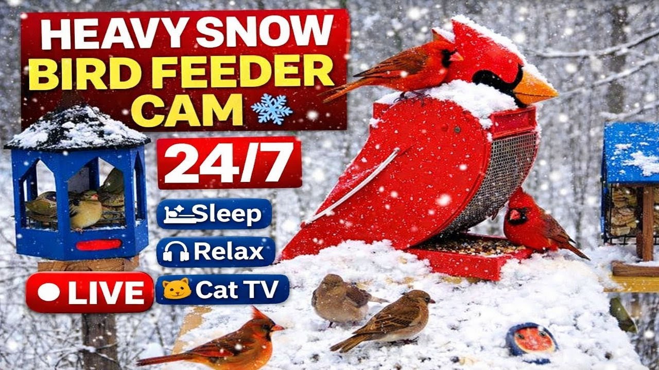 🔴 Heavy Snow Bird Feeder Cam ❄️ 24/7 | Nonstop Winter Birds for Sleep, Relax & Cat TV