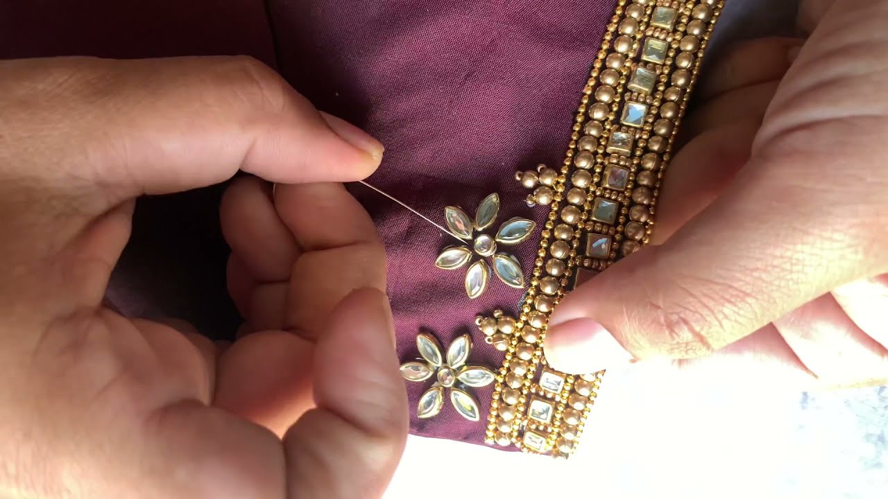 Very grand & heavy bead and Kundan work bridal blouse design on stitched blouse with normal needle