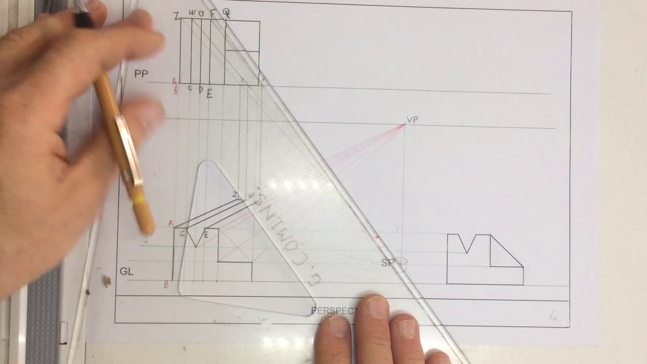One point perspective drawing with a slope