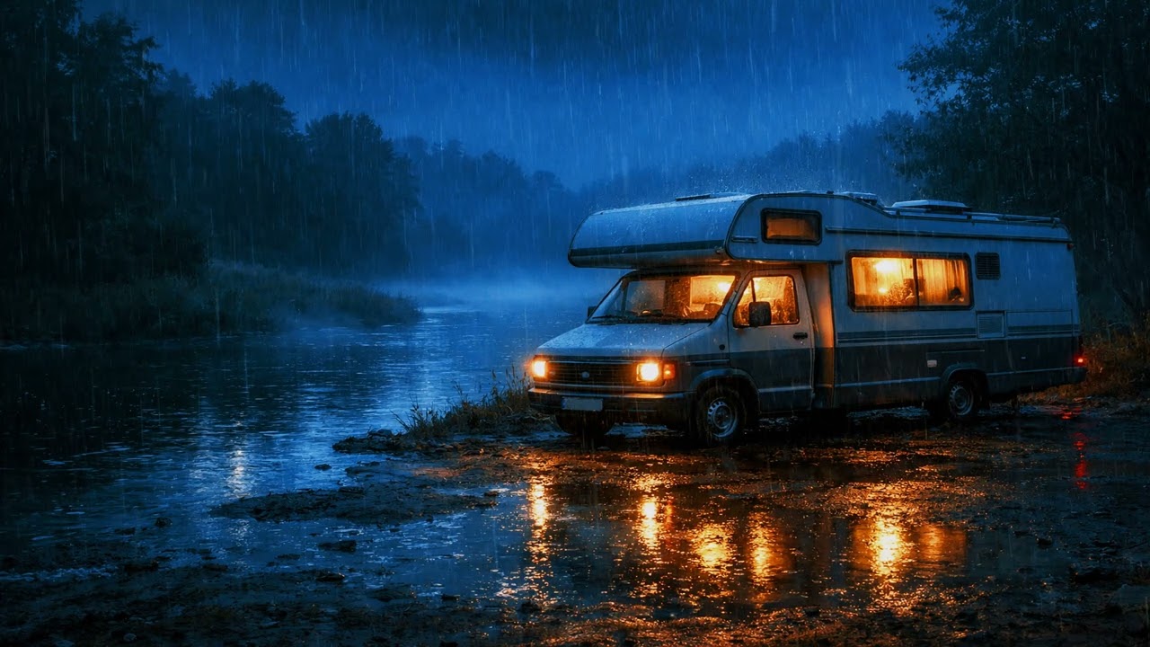 Relaxing Rain Sounds | River Bend Camper Van Night – Soft Rain