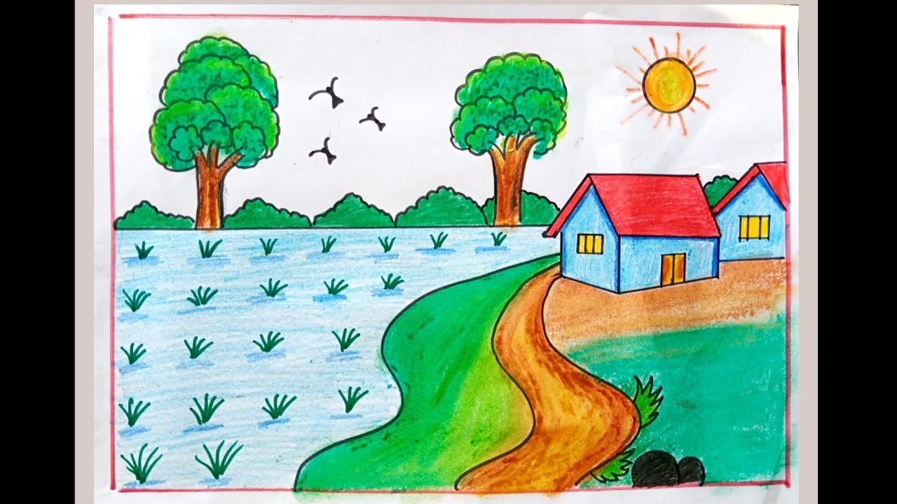 Nature Drawing | How to Draw Beautiful Landscape Scenery |  Village Scenery Drawing | Easy drawing 
