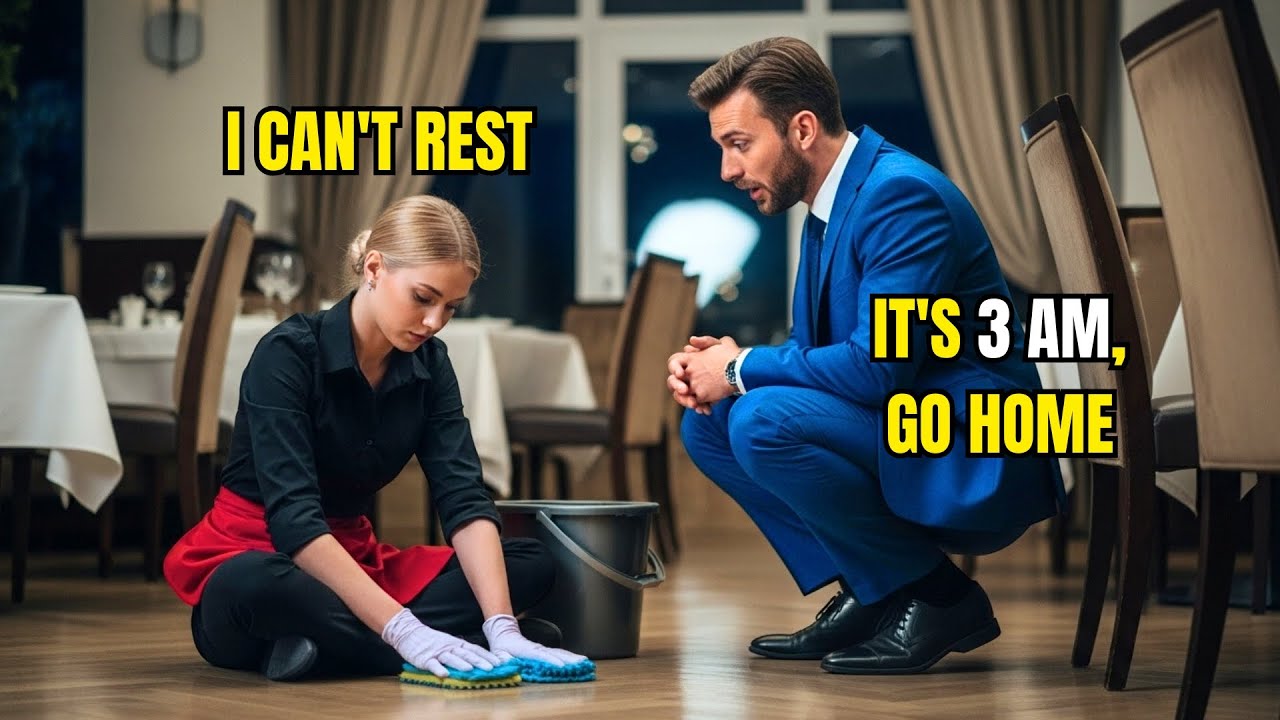 Billionaire saw the new waitress scrubbing the floor at 3AM — the reason made him cry