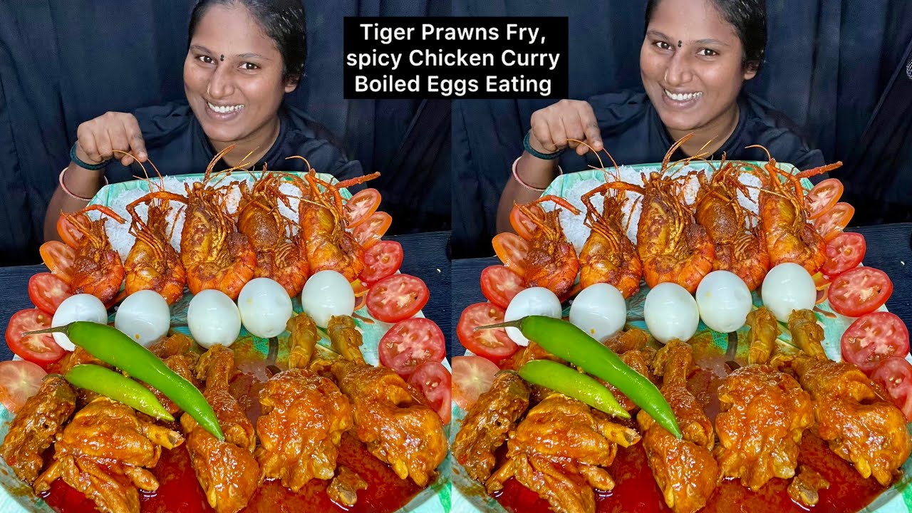 Tiger Prawns Fry, Spicy Chicken Curry, Boiled Eggs Eating Challenge | Video 211