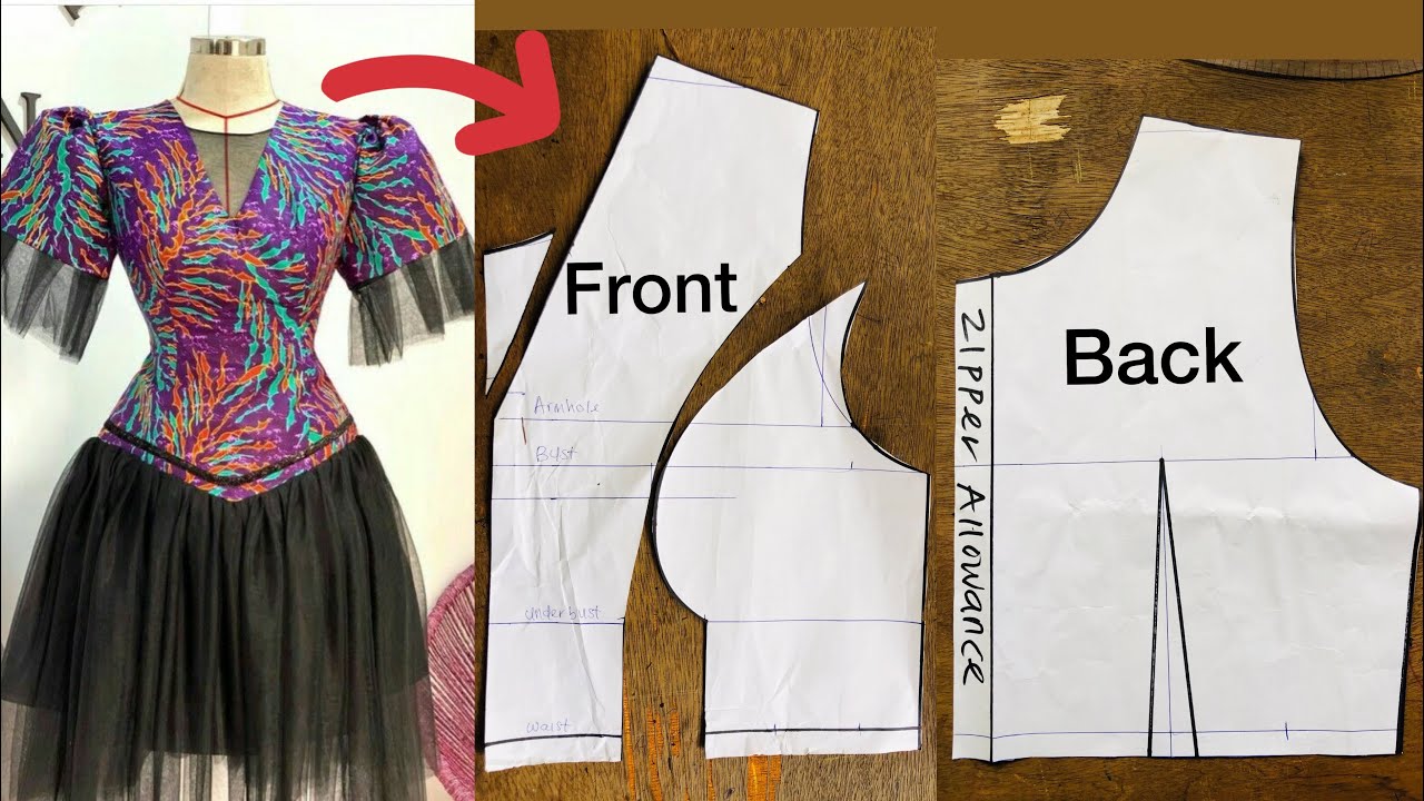 How to draft a Princess dart bustier with a deep V neck (front and back bodice)